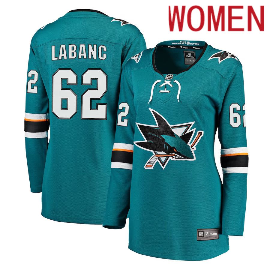 Women San Jose Sharks #62 Kevin Labanc Fanatics Branded Teal Breakaway NHL Jersey->women nhl jersey->Women Jersey